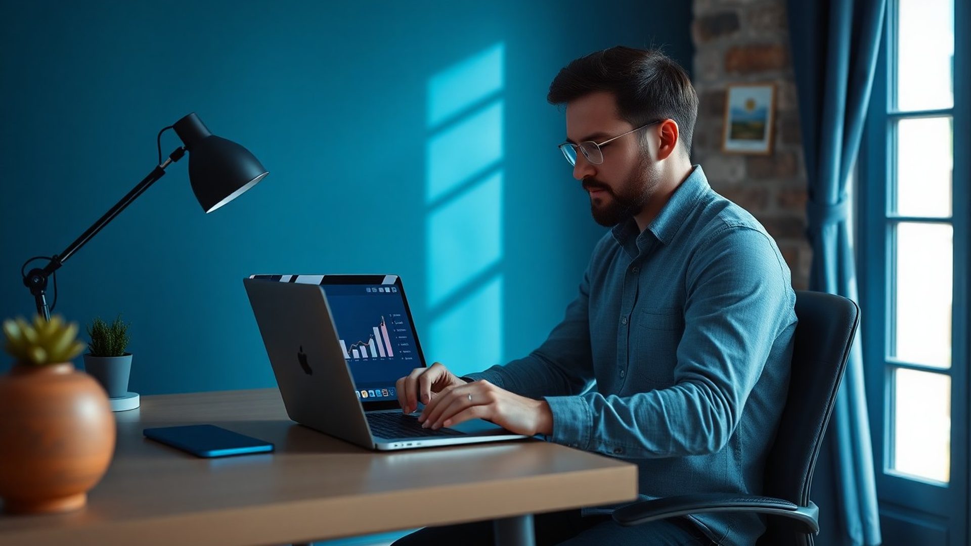 Poduzetnik za radnim stolom s dashboardom prihoda na ekranu